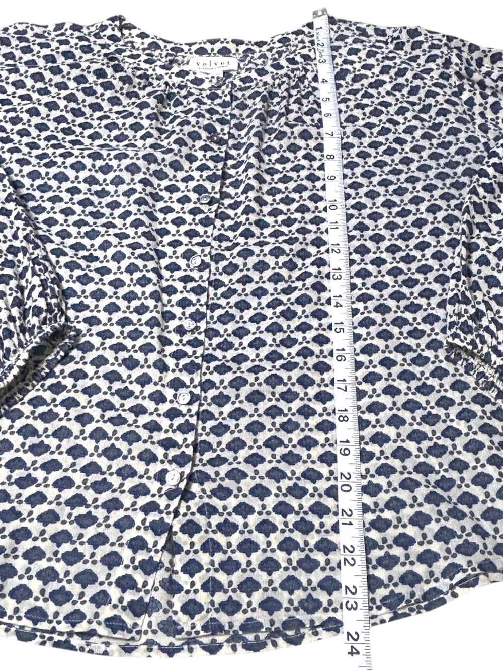 Velvet By Graham & Spencer Blue White Abstract Print Button Front 3/4 Sleeve Top - Picture 12 of 14